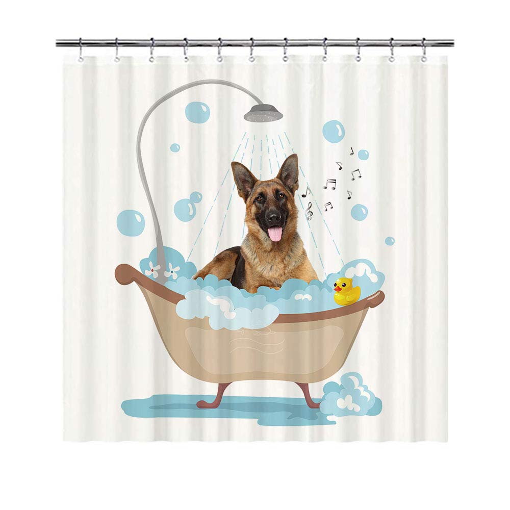 BAGEYOU Funny Dog German Shepherd Dog in Bath Shower Curtains Cute Puppy Taking A Shower Waterproof Polyester Fabric Bathroom Curtain 66 X 72 Inch, with 12 Hooks