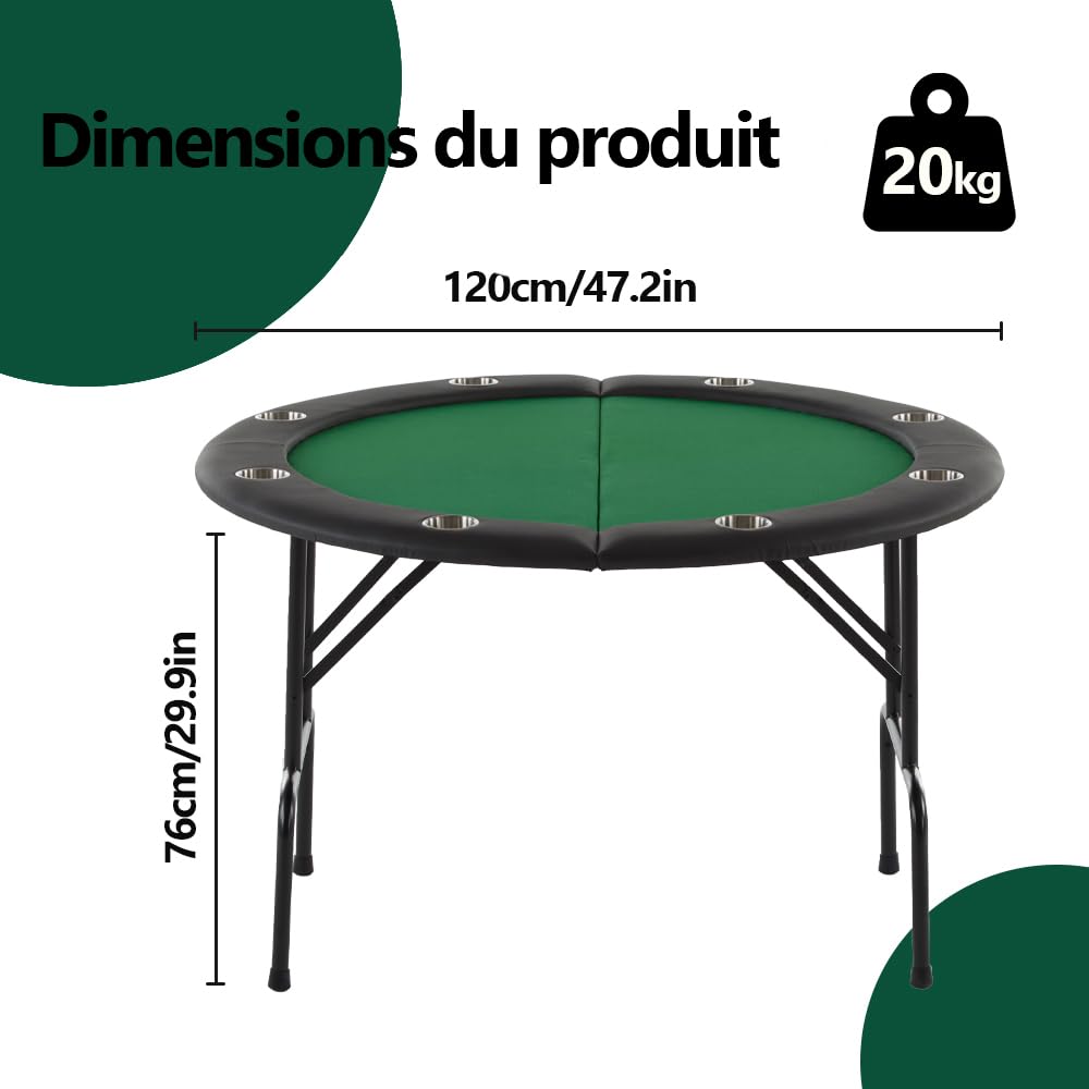 Mingone Tavolo da Poker Pieghevole, 8 Posti con Portabicchieri, Tappeto in Feltro, per Texas Hold'em, Blackjack e Giochi da Casinò a Casa (Green, Cerchio)