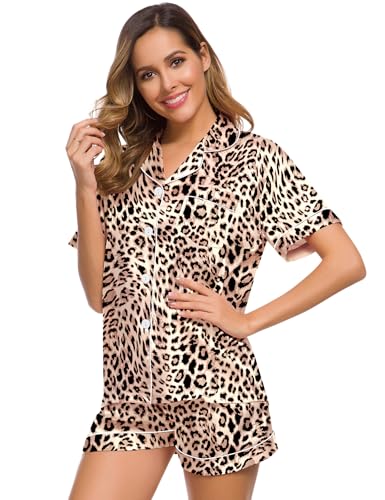 Image of SWOMOG Womens Silk Satin Pajamas Set Short Sleeve Sleepwear Button Down Top and Shorts Loungewear 2 Piece Pjs Set XS-3XL Wavy Leopard XXX-Large