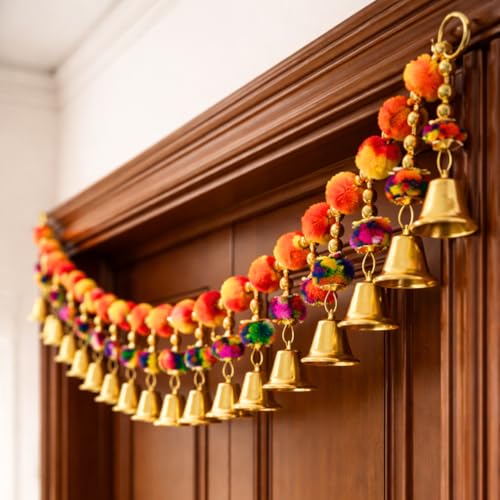 Image of Handmade Multicolor Pom Pom Bandhanwar for Main Door | Bright Traditional Toran with Bells for Door, Mandir & Pooja Room | Decorative Bandhanwar for Diwali, New Home & Festive Decor (39 Inch)
