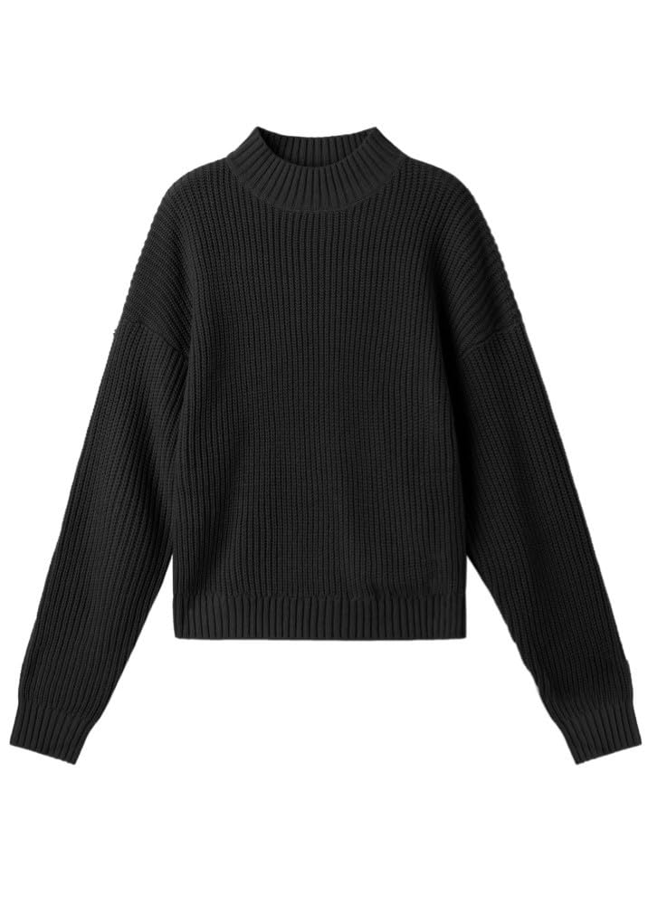PrinStory Dames Cropped Mock Neck Trui Lange Mouwen Sweater Geribbelde Gebreide Pullover Sweater Trui, Zwart, M