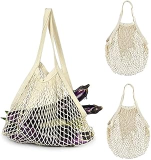 Pinuotu 3 Pack Reusable Grocery Mesh Bags, Portable and Washable Cotton String Shopping Bag with Long Handle, 100% Cotton Reusable Mesh Produce Net Tote Bags Set for Fruit Vegetable Storage (Beige)