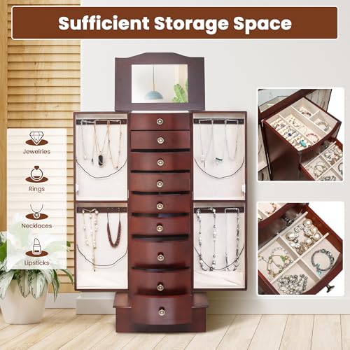 AVAWING 8-Drawer Jewelry Armoire with Flip Mirror and Swing Doors, Brown