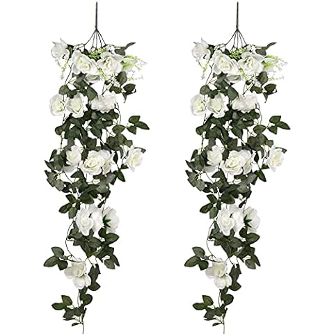 Wandering Nature Artificial Hanging Rose Fake Flowers Silk Rose Vine Plastic Greenery for Party Wedding Granland Holiday Home Office Decoration Indoor or Outdoor (White) Cover