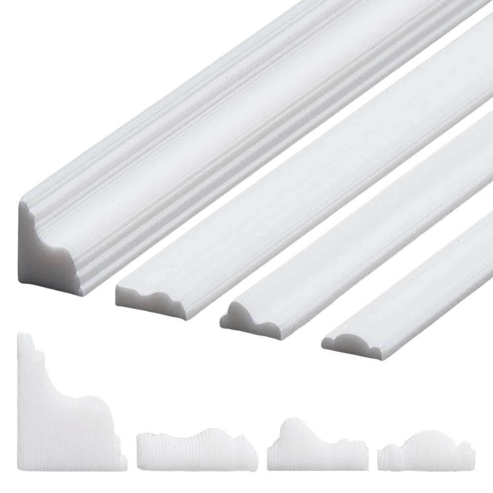 OLYCRAFT 32 Pack 4 Styles Miniature Trim for Model Building 250mm White Plastic Minihouse Trim Minihouse Interior Trims Miniature House Strips Ornament for Craft Projects and Model Building