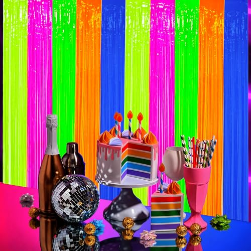 Image of 2 Pack Neon Foil Fringe Curtains Glow in The Dark Tinsel Streamers Fluorescent Macaron Foil Fringe Backdrop Neon Party Photo Booth Prop for Glow Birthday Wedding Blacklight Party Decor, 3.3 x 6.6 Ft