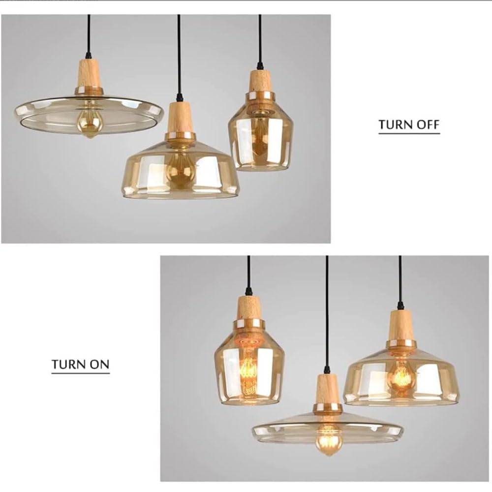 Lámpara colgante de 3 luces, lámpara de techo E26 de cristal ámbar nórdico, montaje empotrado para comedor sobre mesa, iluminación de vestíbulo de madera, luces colgantes para iluminación de isla de