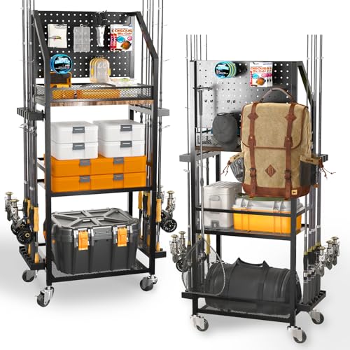 Image of SOYEEZE Fishing Rod Holders for Garage, Fishing Pole Holders Up to 12 Rods with Pegboard and Hooks,Rolling Fishing Cart with Wheels, Fishing Gear Storage For Tackle Box & Reel Organization- 10 Hooks