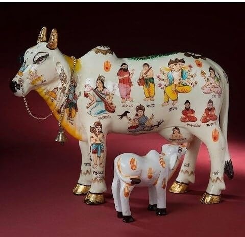 Kamdhenu Cow and Calf Statue with God Painting Work 20 cm Polyresin Decorative Idol for Home Decor Pooja Mandir Vastu Office Table & Gift Purpose