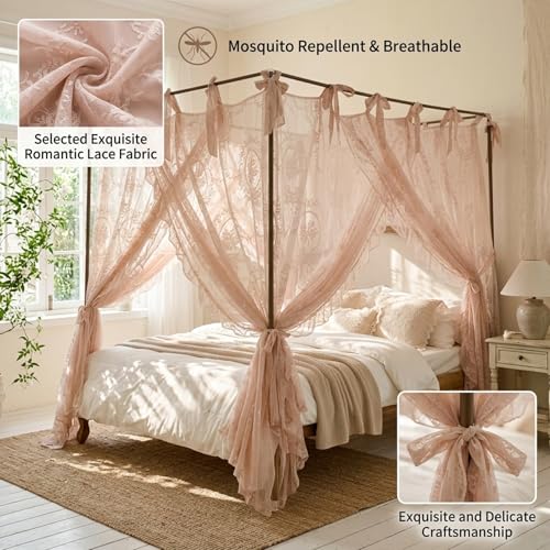 Cortina de cama con dosel beige para decorar dormitorios sin usar soporte 4