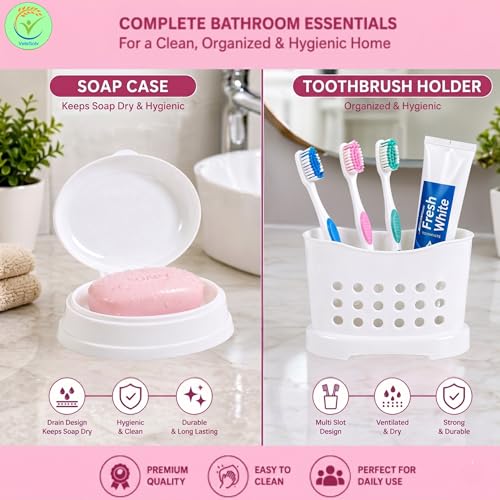 Image of Heavy Duty Virgin Plastic Large Capacity 20L Bucket, 5L Bucket, Stool, 22L Deep Tub, Dustbin,1.5L Mug,1L Mug, Soap Case, Dustpan, Tooth Brush Stand Bathroom Set(White-Pink) - 10 Pieces
