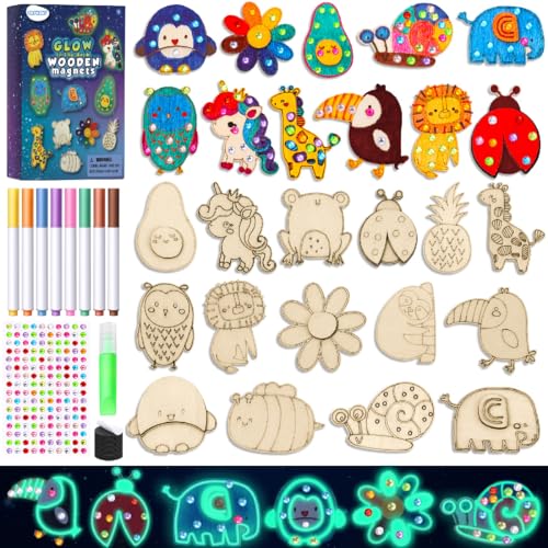 EAPHANT Kids Crafts, 15 PCS Kids Activities Arts and Crafts Painting Kits, Glow in The Dark Wooden Magnets to Paint