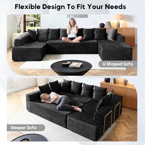 Image of Oversized Cloud Boneless Couch with Chaise, 145 inch Modern U Shape Modular Deep Seat Sectional Sofa, Comfy Corduroy Upholstered Couches for Living Room, No Assembly Required, Black