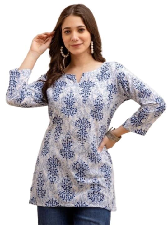 MS VHCK ENTERPRISE Women’s Short Kurti in TOP Blue Rayon Cotton Blend | Ladies Ethnic Tunic |