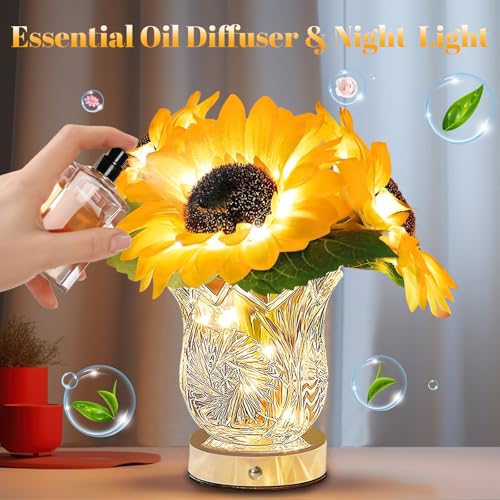 Image of Flower Desk Lamp, Sunflower USB Rechargeable Touch Stepless Dimming Table Lamp, LED Artificial Plants Flower with Vase Night Light, Glass Vase Lamp for Room Home Festival Decor (Sunflower - 3 Head)