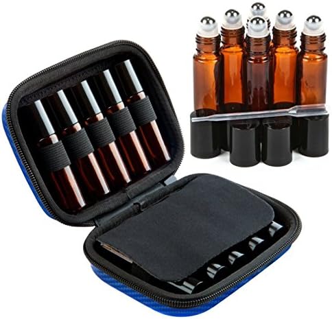 Roller Bottle Essential Oil Carrying Case & Accessories - Holds Ten 5ml & 10ml Roller Bottles- Comes W/ 6 Amber Glass Stainless Steel Roll-On Ball Bottles Free Roller Bottle Opener Tool - Blue