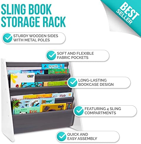 LIVIVO ® Childrens Colourful Sling Storage Bookshelf Easy Access Wooden Book Storage with Soft Nylon Fabric Shelves to Protect your Kids Books Perfect Height for your little reader (Grey)