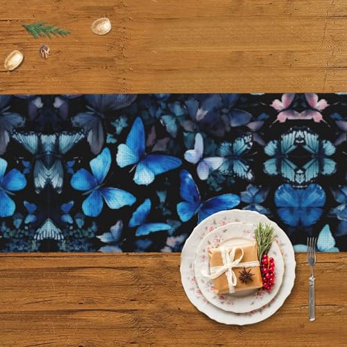 Chemin de table imprime de qualite superieure avec fleurs blanches et papillons azurs - 6