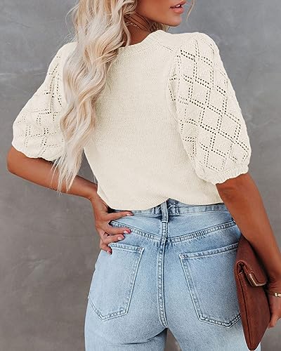 Image of Womens Short Sleeve Sweaters Crewneck Knit Pullover Tops 2025 Summer Casual Lightweight Crochet Blouse Shirt