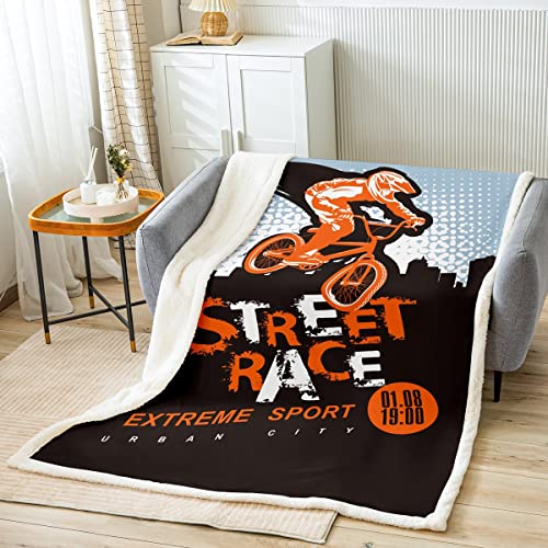 Dirt Bike Sherpa Blanket Kids Extreme Sports Fleece Throw Blanket Racing Motocross Rider Plush Blanket for Bed Sofa Couch Kids Room Motorcycle Decor Lightweight Fuzzy Blanket Throw 50"x60"