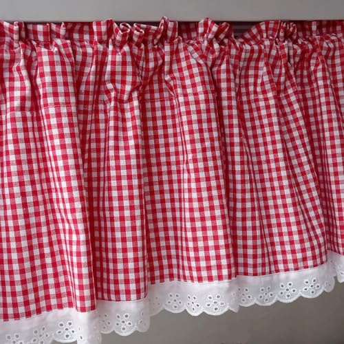 A.Monamour Rideau de Cuisine Court pour Petit Fenêtre Coton Farmhouse Rustique Blanc Rouge Carreaux Vichy Blanc Dentelle Rideau Brise-bise à Disques Panneaux...