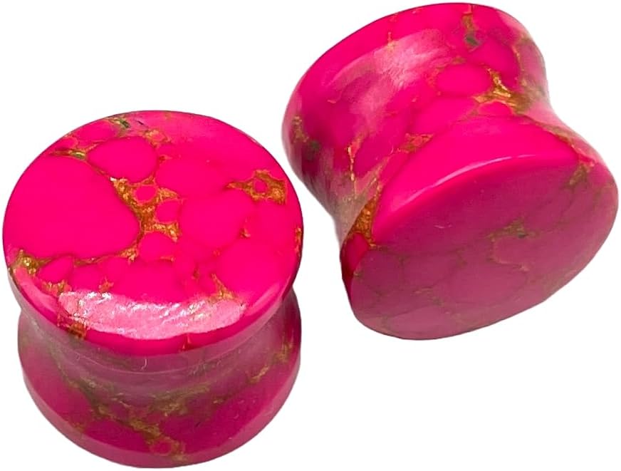 Pink Turquoise Copper Veining Stone Double Flared Ear Plugs – Handmade Stone Gauges, Tribal Body Piercing Jewelry for Stretched Ears