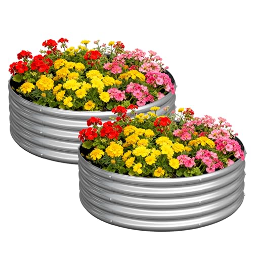 zizin 2 Pack Galvanized Raised Garden Bed Metal Round Raised Garden Beds Outdoor Planter Box for Vegetables (3FT Silver)