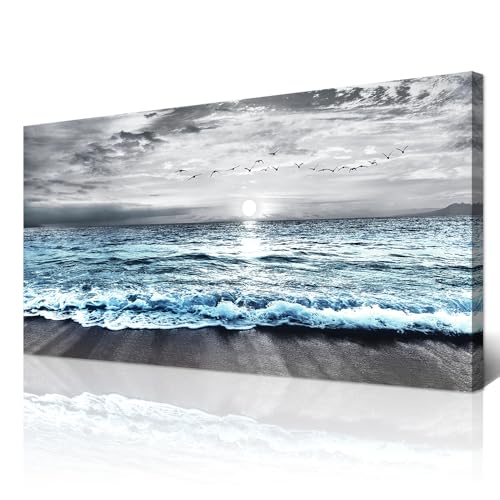 Wapluam Large Canvas Wall Art For Living Room & Bedroom Decor - Black & White Blue Sea Wave Pictures - Framed Beach Posters