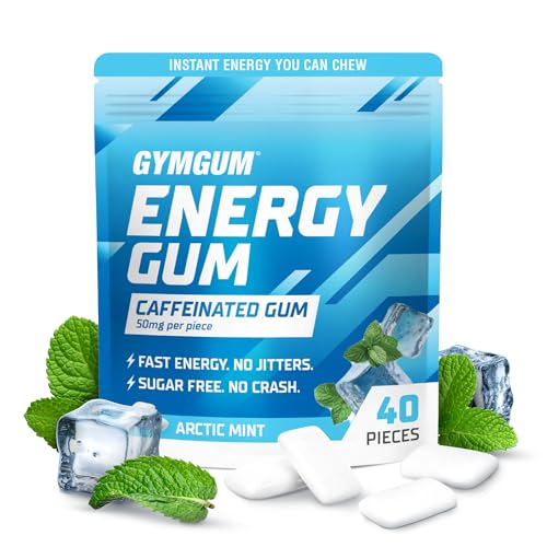 GYMGUM Energy Caffeine Gum | 50mg Caffeine | Sugar-Free Keto-Friendly | Fast-Acting Energy & Focus Gum with Guarana & L-Theanine (40 Count Arctic Mint)