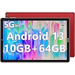 GOODTEL 2025 Tablet 10-inch 10GB RAM 64GB ROM 1TB TF, Android 13, WiFi 5G/2.4G, Bluetooth 5.0, GMS, Widget, Split-Screen Function, AGPS, OTG, Type-C, 3.5mm AUX, 6000mAh, 8MP+5MP, Red
