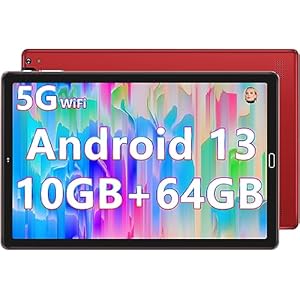 GOODTEL 2025 Tablet 10-inch 10GB RAM 64GB ROM 1TB TF, Android 13, WiFi 5G/2.4G, Bluetooth 5.0, GMS, Widget, Split-Screen Function, AGPS, OTG, Type-C, 3.5mm AUX, 6000mAh, 8MP+5MP, Red
