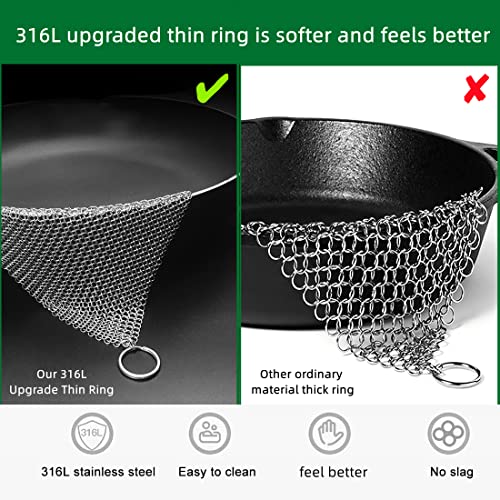 Estropajo de hierro fundido, raspador de malla de acero inoxidable, malla fina mejorada de 3,8 mm para limpiar utensilios de cocina presazonados, hornos holandeses y sartenes