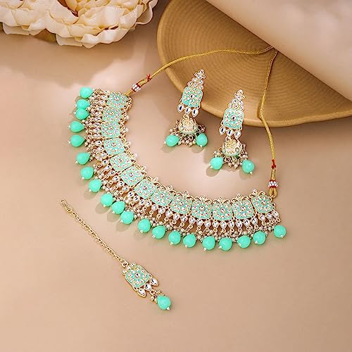 Image of Yellow Chimes Ethnic Gold Plated Studded Kundan Beads Flower Design Jewellery Set Multicolour Meenakari Choker Necklace Set for Women and Girls