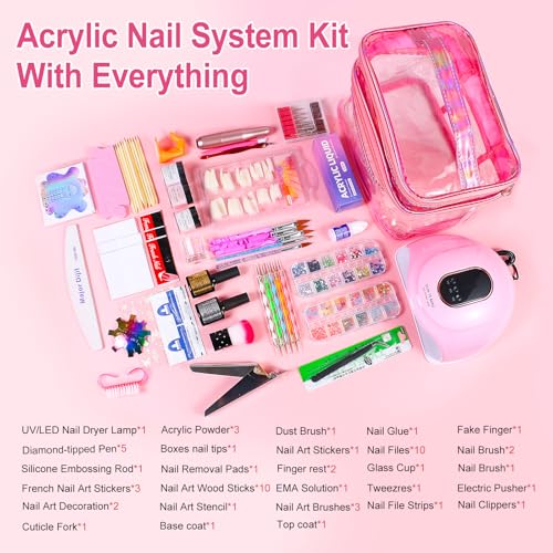Major Dijit Acryl Nägel Starterset mit UV Lampe Acryl Nagel Set für Anfänger – Acrylpulver, Nagelfeile Nägel Selber Machen Set für luxuriöse Maniküre daheim, Pink Kosmetiktasche, Salonqualität