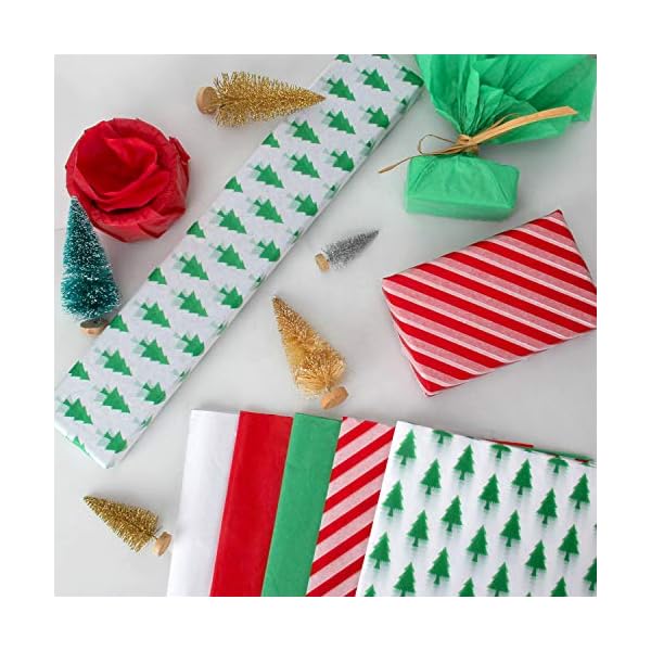 Blisstime Geschenkpapier für Weihnachten, 35 x 50 cm, Weiß/Rot/Grün/Rot gestreift, Weihnachtsbäume – Bild 4