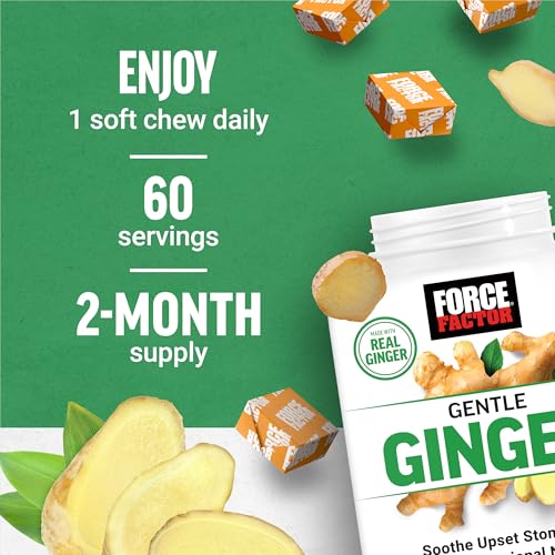 Force Factor Gentle Ginger Chews for Nausea Relief, Motion Sickness, and Morning Sickness, Ginger Supplement with Vitamin B6 for Digestive Support, Non-GMO, Honey-Lemon Ginger Flavor, 60 Soft Chews