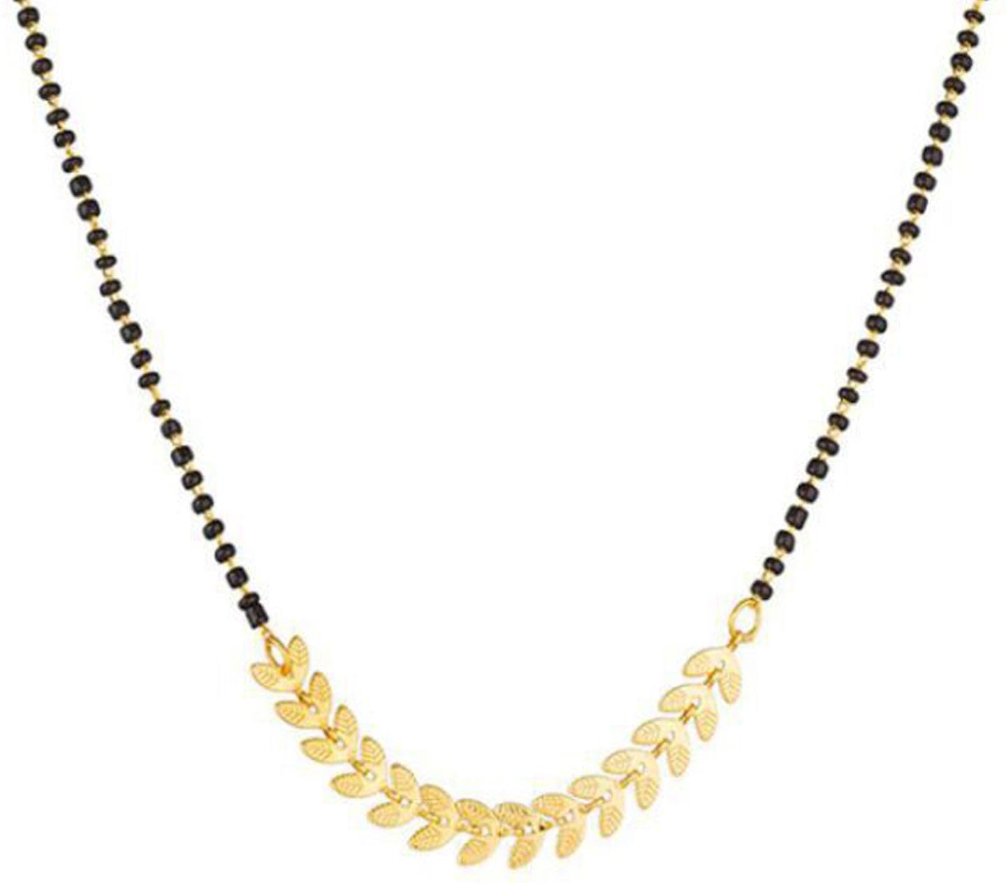 Gold Plated Leaf Design Black Bead Mangalsutra for Women | Stylish Traditional Necklace Chain | Ethnic Wedding and Festive Jewelery