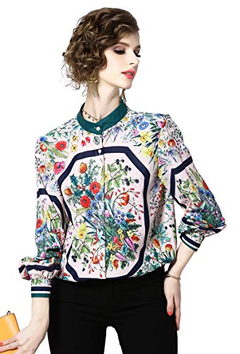 LAI MENG FIVE CATS Women's Collared Neck Floral Print Shirt Casual Long Sleeve Button up Blouses