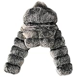 SACFOF Women's Winter Warm Jacket Faux Fur Hooded Jacket Long Sleeve Sexy Short Coat Winter Cropped Shearling Furry Overcoat