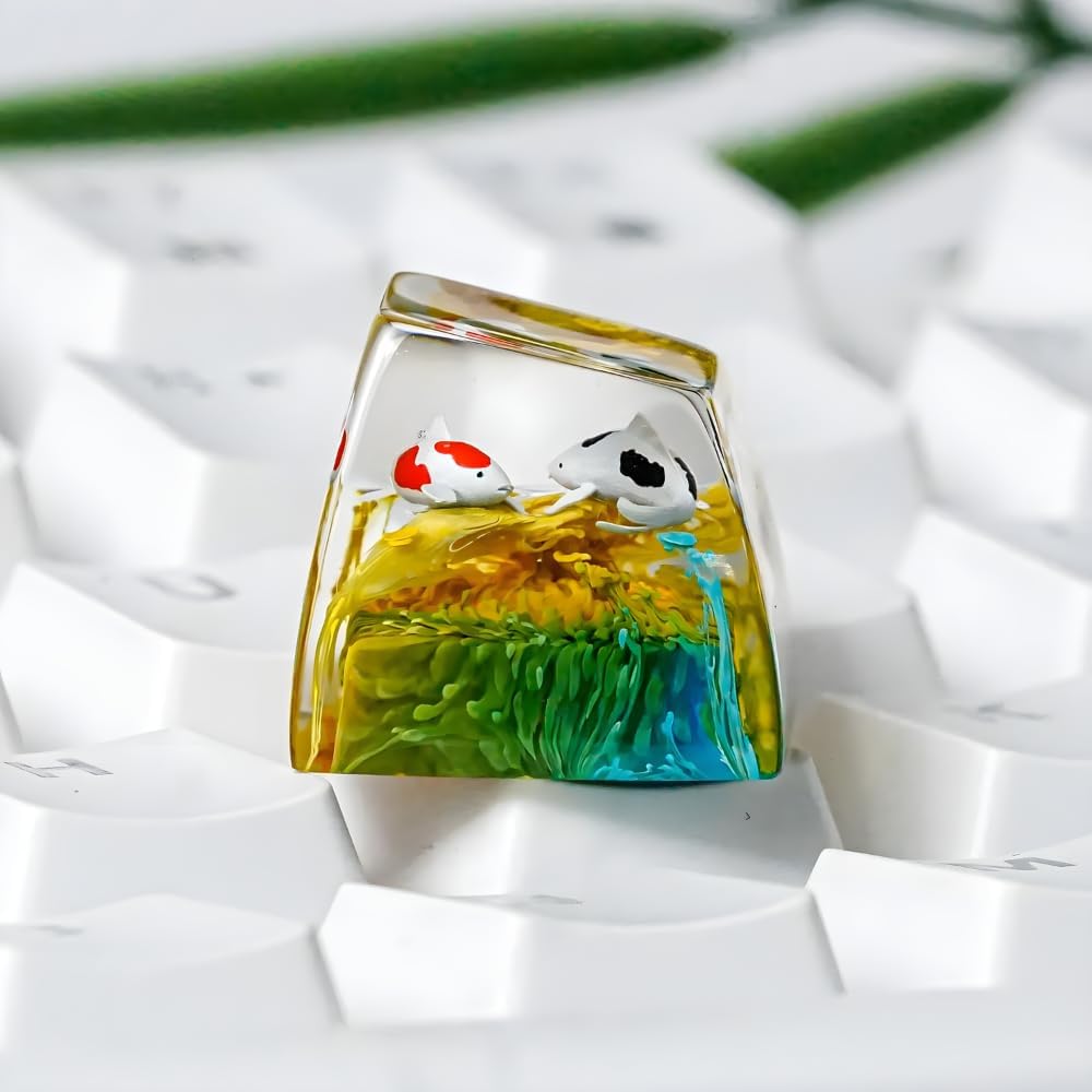 Couple Koi Fish Artisan Keycap Green Yellow Ocean R1 SA Profile Custom Keycaps 1U ESC Handmade Gaming Resin Key Cap Cherry MX Switch Compatible Mechanical Keyboard Koi Lover Gift