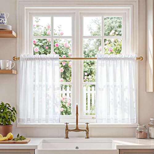 Image of NICETOWN White Sheer Kitchen Curtains 24 Inches Long, W27xL24, 2 Panels | Rod Pocket Light Filtering Drapes Elegant & Lightweight Short Window Treatments for Home Decor