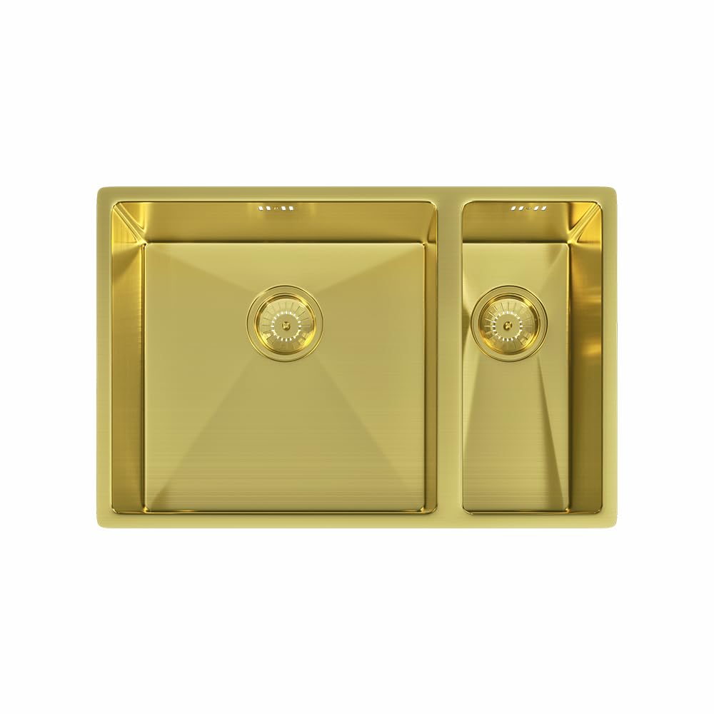 Möckeln | 1.5 Bowl Stainless Steel Kitchen Sink | Inset or Undermounted | Strainer Wastes Supplied | Copper Finish - 555mm x 440mm x 200mm (Brushed Brass)