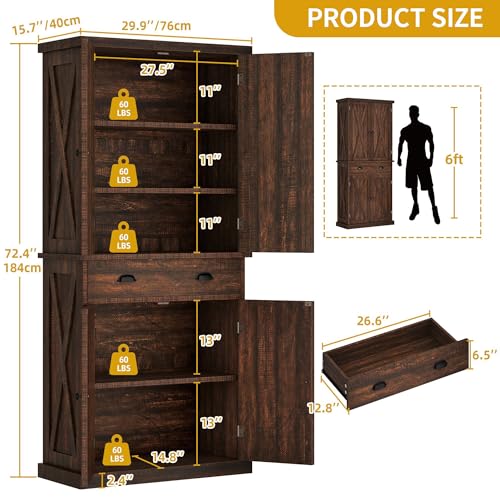 DWVO 72'' Farmhouse Kitchen Pantry, Rustic Wood Kitchen Storage Cabinets with Adjustable Shelves & Drawer, Tall Freestanding Cupboard for Dining Room, Living Room, Drak Brown