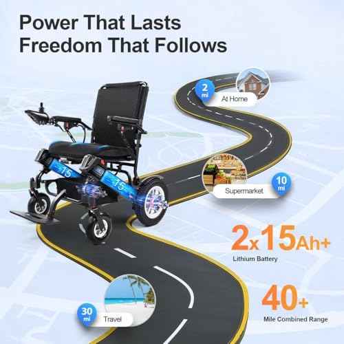 Image of 40 Miles Long Range Electric Wheelchair for Adults, Foldable Motorized Wheelchair with 2 Removable 15Ah Batteries, All Terrain Power Wheelchairs for Senior, (Black, 2 * 15Ah)