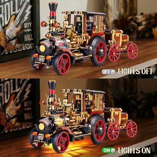 Image of OWNONE 1 Vintage Car Steam Engine Building Blocks Set with Lights, Western Retro Steam Tractor Locomotive Model Building Kit for Vintage & West Lovers, Creative Home Office Decor Gift for Adults Teens