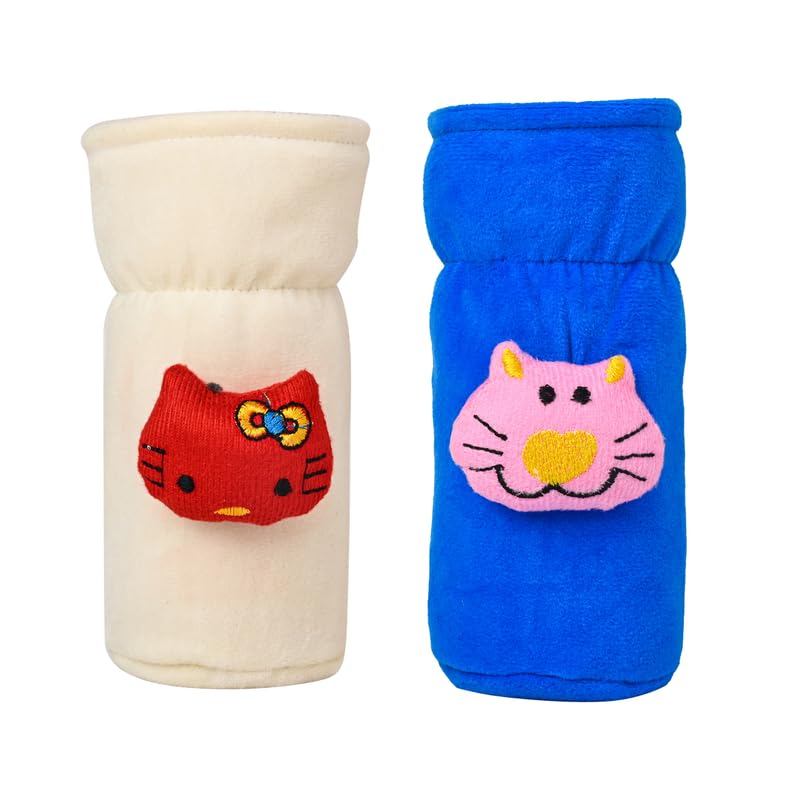 Image of Soft Plush Stretchable Baby Feeding Bottle Cover Easy to Hold Strap with Cute Animated Cartoon| Suitable for 60-125 Ml Feeding Bottle (Cream-Light Blue)