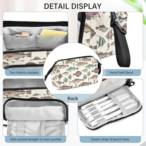Image of Vintage Fish Beige Print Pencil Case Pouch Big Capacity Pencil Bag Box Organizer Pen Case with Compartmens Stationery Organizer for Girls Boys Women School College Office