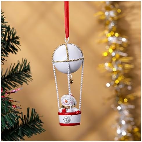 Christmas Snowman Hot Air Balloon Ornament Hanging Resin Figurine with Bell, Red & White Holiday Tree Decoration, Cute Xmas Hanging Decor for Christmas Tree, Fireplace, Window