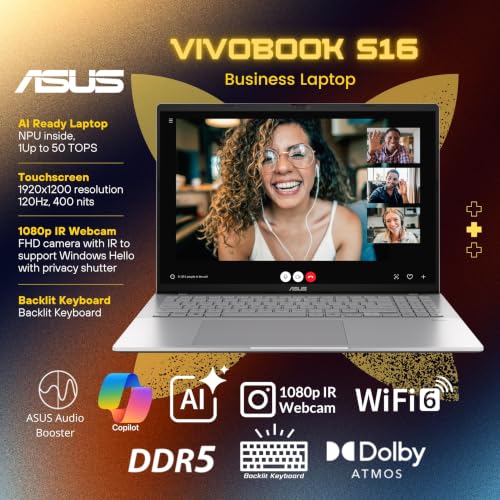 Image of ASUS Vivobook S16 AI Business Laptop, 16 inch 120Hz FHD+ Touchscreen, AMD Ryzen AI 9 465(>i9-13900H), Backlit Keyboard, FHD IR Webcam, Dolby Atmos, Stylus, Windows 11 Pro, Silver(16GB DDR5 RAM | 1TB SSD)