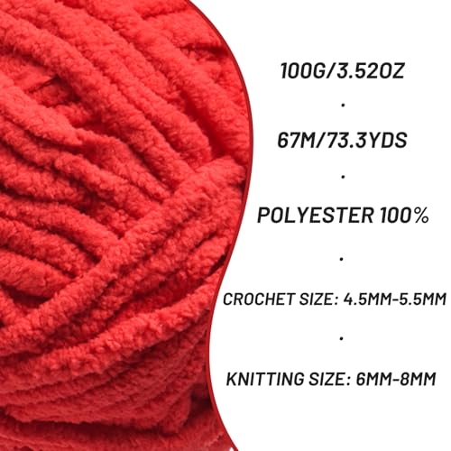 Image of 3 Pack Chunky Chenille Yarn for Crocheting, Baby Yarn for Crocheting Soft Blankets, Bulky Yarns for Crochet Amigurumi, 300g (223yds) Fluffy Velvet Yarns for Hand Knitting (3 Bright Red)